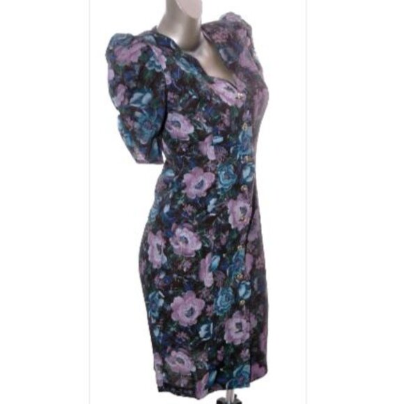 Vintage 80s Midi Dress Cottage Core Puff Sleeves Scallop Black Pastel Floral 7/8 - Picture 6 of 10